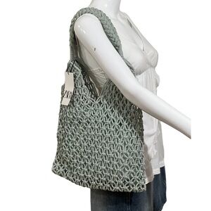 Zara Womens Tote Bag Green Light Mint Woven Fabric Boho Shoulder Bag Knitting